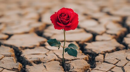 Resilient Red Rose Blooming in Dry Cracked Earth Symbolizing Hope and Perseverance in Harsh Conditions
