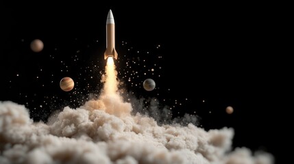 A rocket is ascending into space, leaving behind a trail of dust and smoke. Surrounding planets create a cosmic atmosphere, showcasing an exploration theme