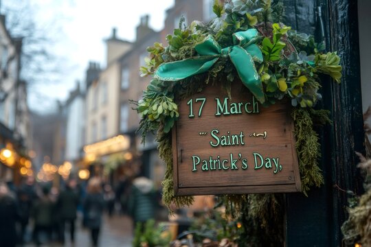 Saint Patrick's Day wooden sign hanging in a decorated street