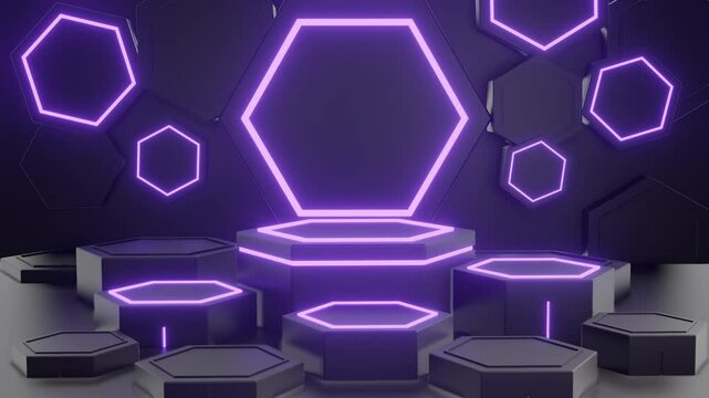 Black and purple neon luxury podium pedestal product display and hexagonal box background 3d rendering