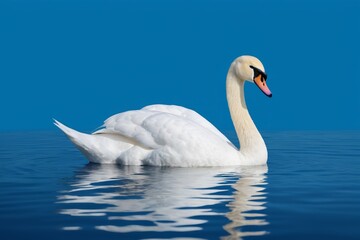 there is a white swan floating on the water with a blue sky in the background