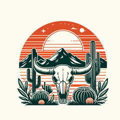 vector bull skull, cacti, mountains, and a setting sun t-shirt