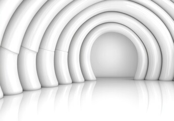 Obraz premium Abstract 3D rendering of white curved tubes creating a tunnel like structure with a reflective floor. The image evokes a sense of depth and mystery