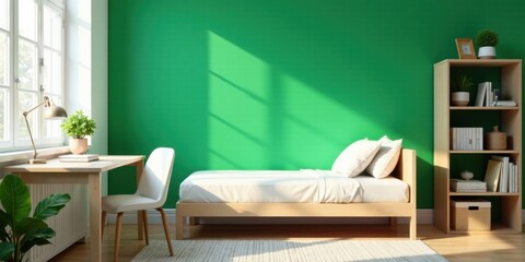 Bright sunlight illuminates a minimalist bedroom with a single bed, a simple desk, and a light wooden bookshelf, creating a serene and calming atmosphere