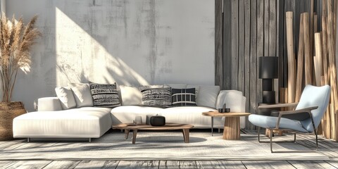 Elegant 3D scene featuring a sleek gray concrete wall, complemented by a light gray area rug with a crisp white border on a polished wooden floor. A perfect blend of modern textures and colors