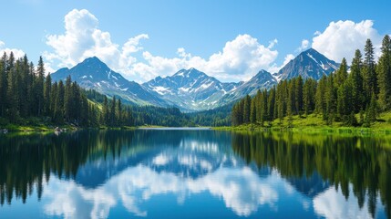 Fototapeta premium Scenic Mountain Landscape with Clear Lake and Reflections Beneath a Bright Blue Sky with Fluffy Clouds
