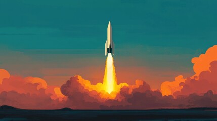 Rocket Launching into Vibrant Sky with Clouds and Flame Trail at Sunset in Digital Art Style