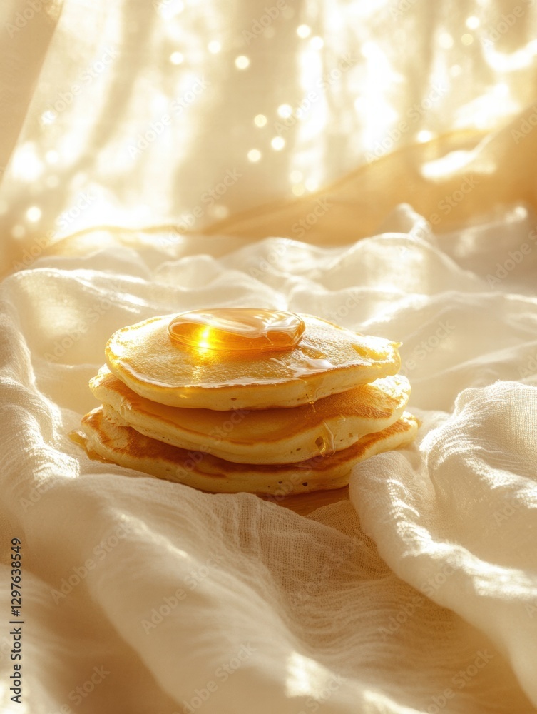 Poster warm stack of pancakes with syrup glistening under soft sunlight in a cozy setting. generative ai