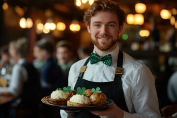 Waiter serving traditional irish food during Saint Patrick's day celebration in a pub