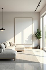 Serene Minimalist Living Room with Sunlight Streaming Through Large Window and Blank Canvas for Art