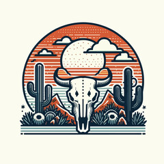 vector bull skull, cacti, mountains, and a setting sun t-shirt