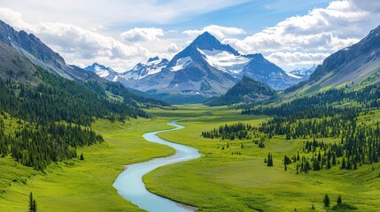 Serene River Winds Through Lush Green Valley Beneath Majestic Mountains in Bright Daylight