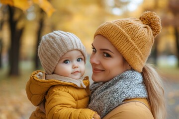 Obraz premium Mother holding her baby in autumn park wearing matching yellow clothes