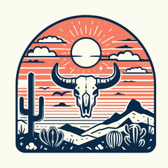 vector bull skull, cacti, mountains, and a setting sun t-shirt