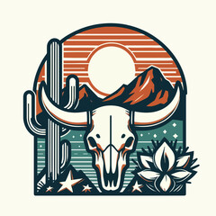 vector bull skull, cacti, mountains, and a setting sun t-shirt