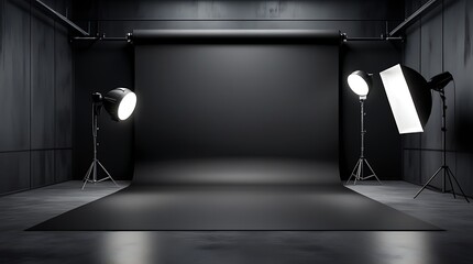 Professional photography studio setup with black seamless backdrop, softbox lighting, and spotlight equipment, creating a moody and dramatic atmosphere for portrait or product shoots.

