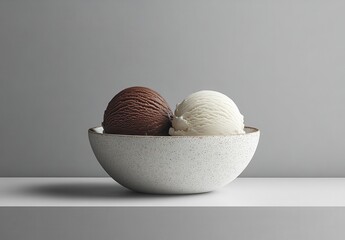 Creamy chocolate and vanilla ice cream scoops served in a stylish bowl on a simple grey background, perfect for dessert lovers and food enthusiasts.