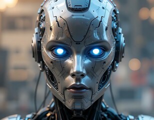 Robot Face Close-up with Glowing Blue Eyes in Futuristic Setting