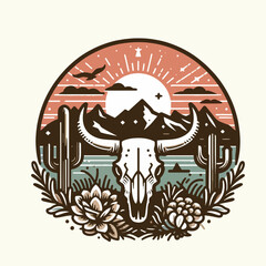vector bull skull, cacti, mountains, and a setting sun t-shirt