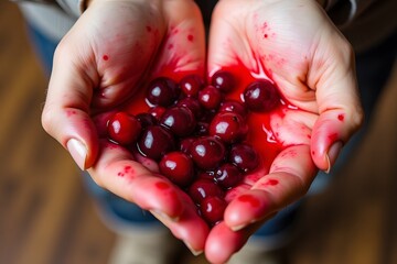 Freshly harvested cranberries in hands with juicy red stains