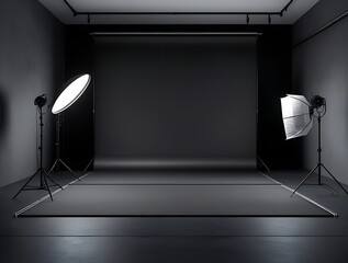 Professional photography studio setup with black seamless backdrop, softbox lighting, and spotlight equipment, creating a moody and dramatic atmosphere for portrait or product shoots.

