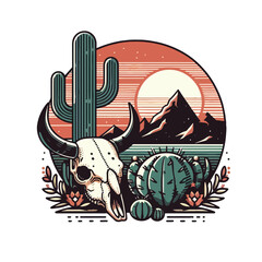 vector bull skull, cacti, mountains, and a setting sun t-shirt