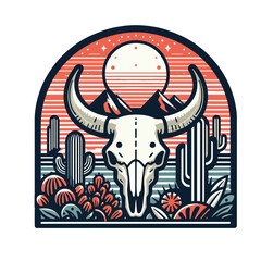 vector bull skull, cacti, mountains, and a setting sun t-shirt