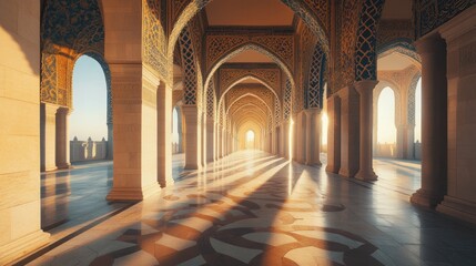 Obraz premium Golden Hour at the Hassan II Mosque: A Serene Architectural Masterpiece