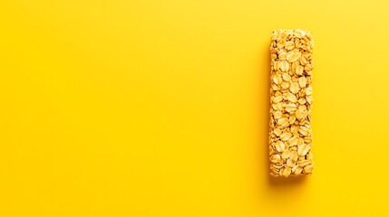 Granola bar resting on a vibrant yellow background, highlighting its texture and color