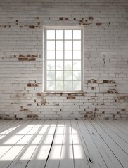 Minimalist interior with a rustic white brick wall, large window, and wooden floor, featuring natural sunlight streaming through, creating a bright and airy atmosphere.

