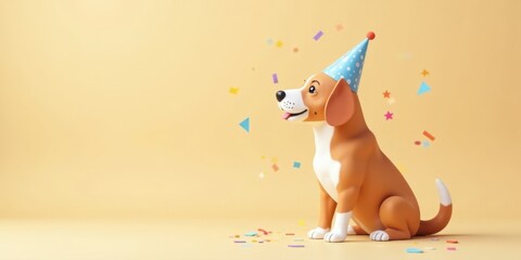 A cheerful canine celebrating a special occasion, wearing a festive party hat, amidst colorful confetti.
