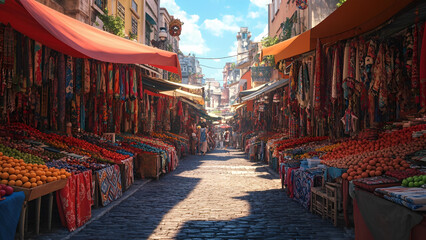 Fototapeta premium vibrant street market with colorful textiles and fresh produce under bright canopies, creating lively atmosphere. cobblestone path adds rustic charm to bustling scene