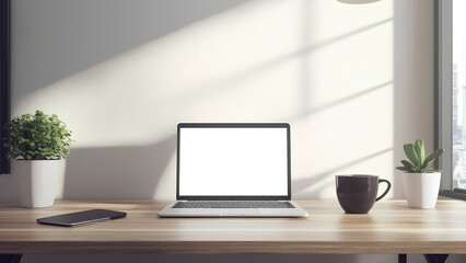 Fototapeta premium minimalist workspace with laptop, smartphone, and coffee cup on wooden desk, flanked by potted plants, bathed in natural light