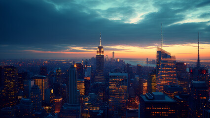 Fototapeta premium stunning cityscape at dusk with illuminated skyscrapers and dramatic sky. skyline features iconic buildings, creating vibrant urban atmosphere as sun sets in background
