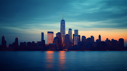 Obraz premium stunning city skyline at dusk with illuminated skyscrapers reflecting on calm water, creating serene and captivating urban landscape