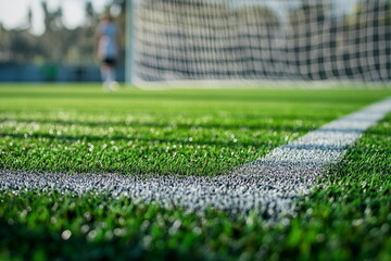 The texture of the football field captured in detail, each blade of grass visible under the cool evening lights.
