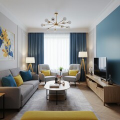 soft Blue grey yellow Living Room design Zen Art Deco decor