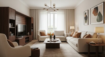 Fototapeta premium Chocolate Brown white cream Living Room design Retro Zen decor