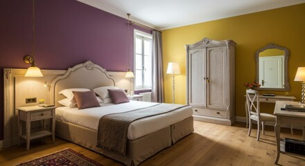 soft purple Mustard Yellow Hotel Room design Rustic French decor