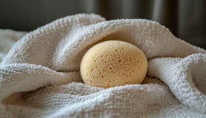 Soft natural sponge resting on a folded soft towel with a gentle texture in a bright indoor space