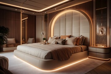 Luxurious master bedroom illuminating warm light with elegant furniture and soft pillows inviting relaxation