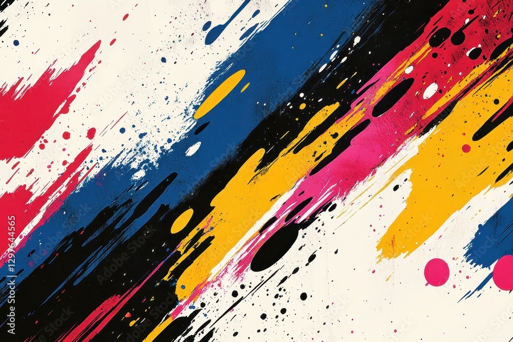 Poster Colorful abstract paint splatters create a dynamic composition on a light background capturing artistic expression and creativity in visual art