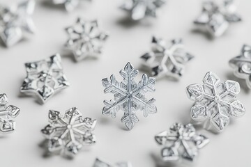 Delicate clear snowflakes scattered across a soft surface, capturing the elegance of winter's beauty during a quiet moment