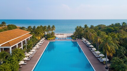 Fototapeta premium A serene beachfront resort featuring a large swimming pool, palm trees, and a stunning ocean view under a clear sky.