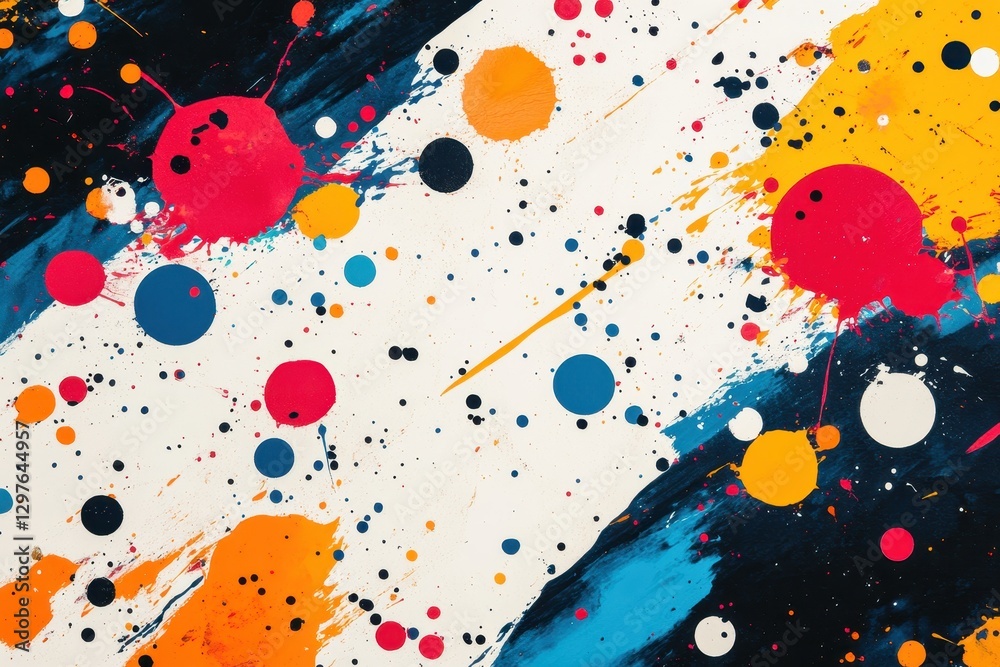 Poster Colorful abstract paint splatters create a dynamic composition on a light background capturing artistic expression and creativity in visual art