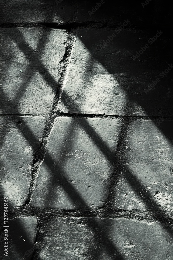 Poster captivating monochrome image of light and shadow creating geometric patterns on a textured brick sur