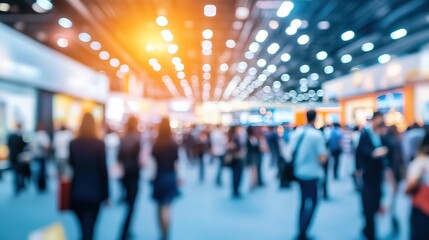 An expo hall bustling with activity and attendees, business conference, blurred background, with copy space, 8k image