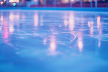 Fototapeta premium A freshly resurfaced ice rink with subtle skate marks, illuminated by arena lighting. A powerful image symbolizing competition, practice, and the energy of winter sports.