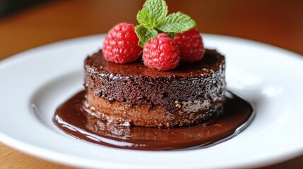 rich chocolate dessert garnished with fresh raspberries and mint leaves on white plate