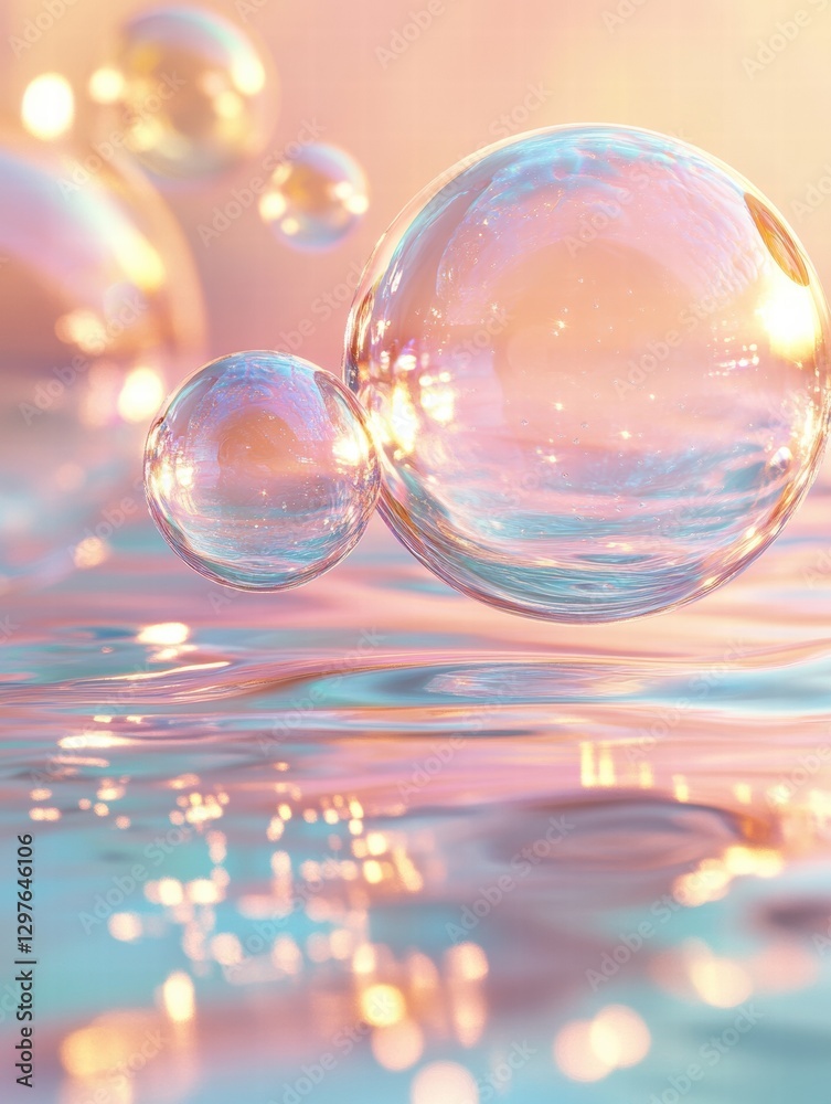 Aufkleber Colorful soap bubbles floating on calm water in a serene setting during daylight. Generative AI